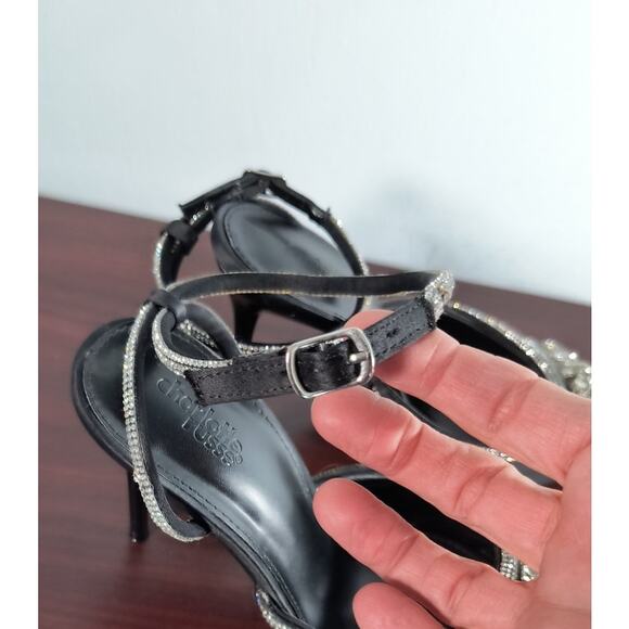 Charlotte Russe Rhinestone Bow Stiletto Heels Women's Size 9 Black Ankle Strap - Picture 7 of 13